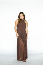 Chocolate Brown Halter Draped Maxi Dress
