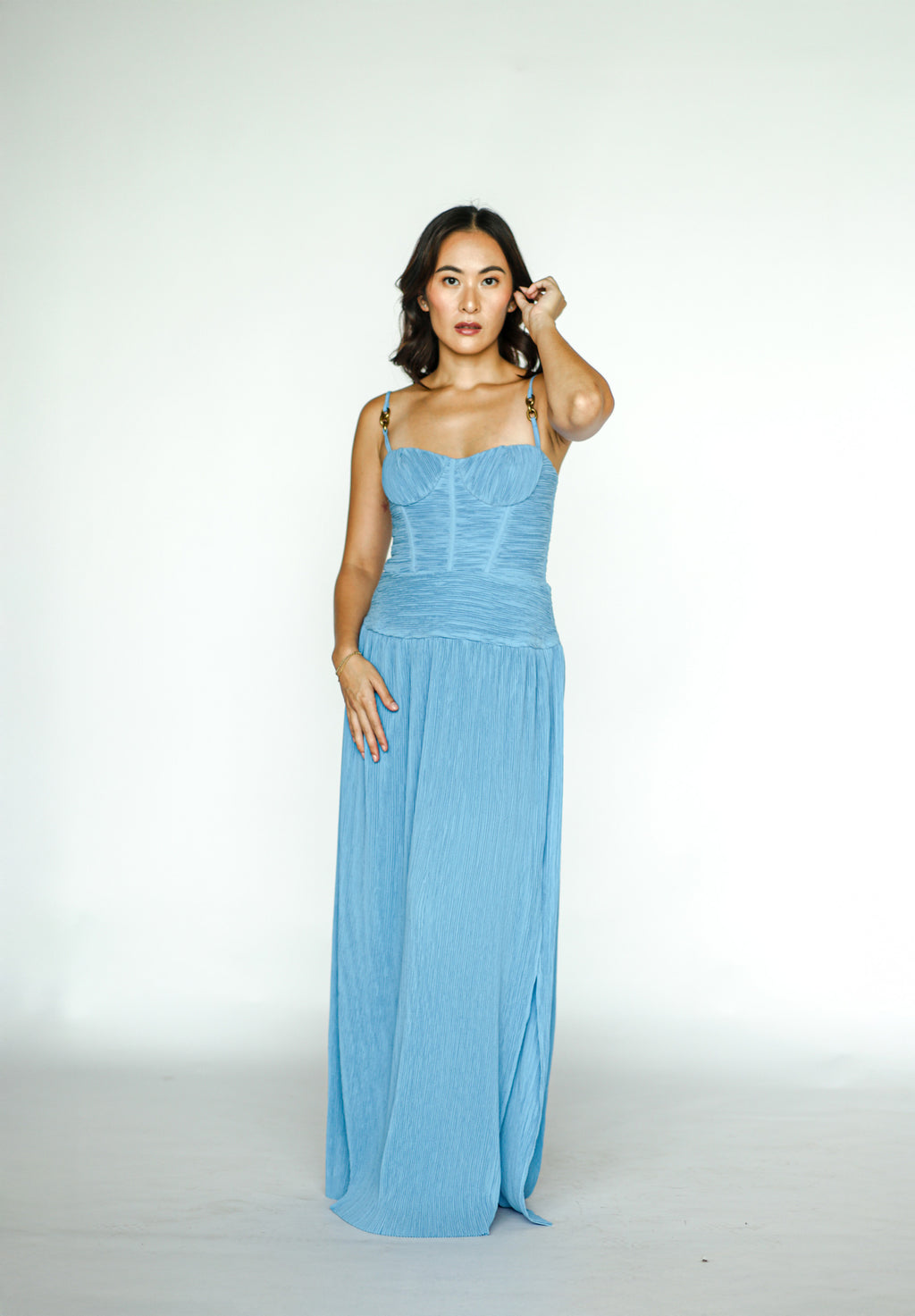 Double Time Pleat Dress in Cerulean Blue