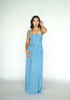 Double Time Pleat Dress in Cerulean Blue