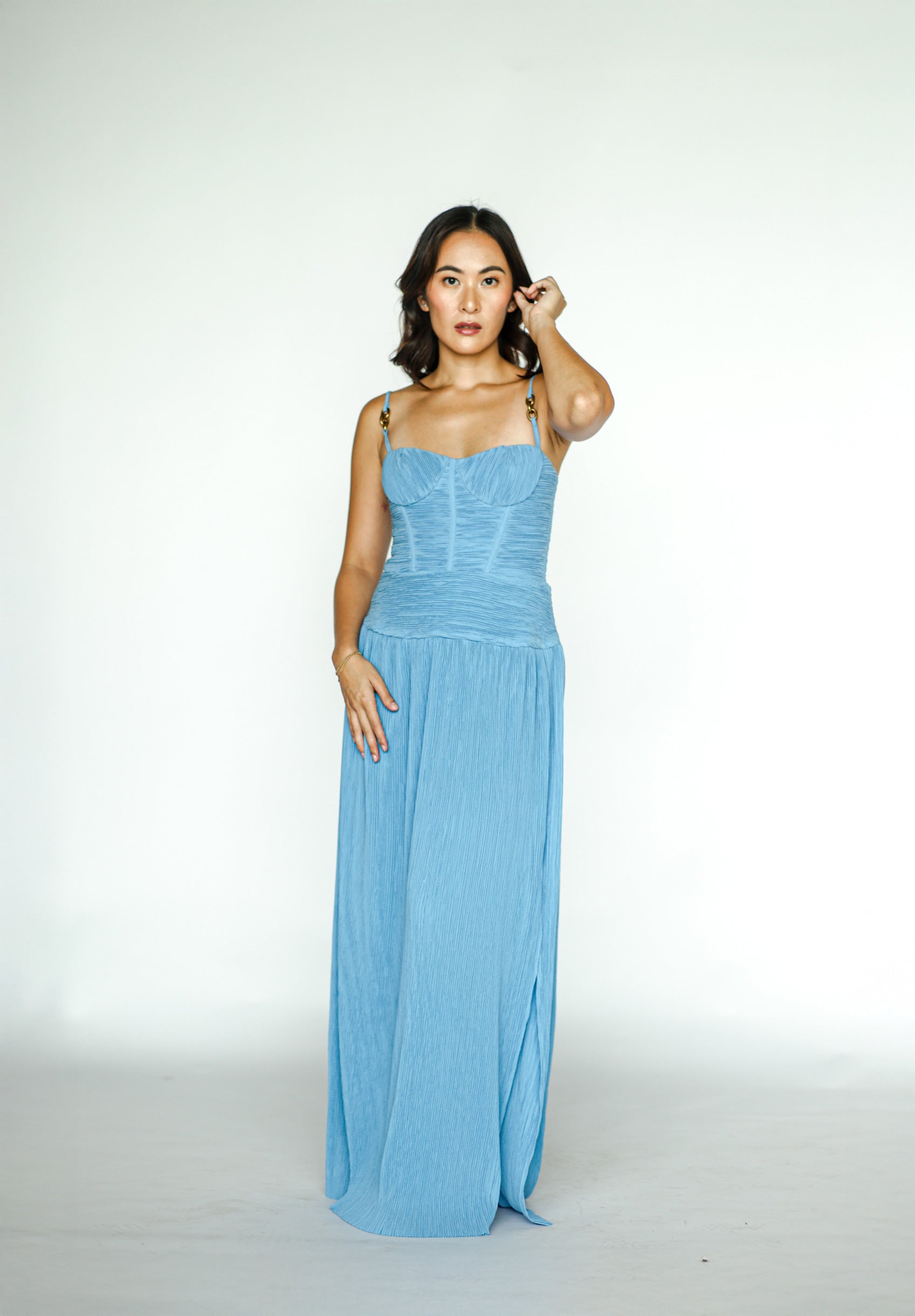 Double Time Pleat Dress in Cerulean Blue