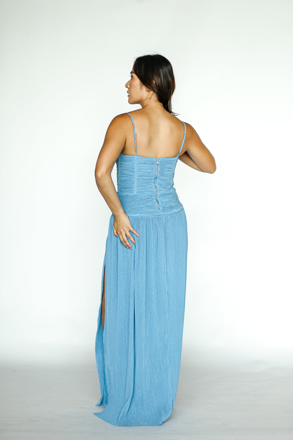 Double Time Pleat Dress in Cerulean Blue