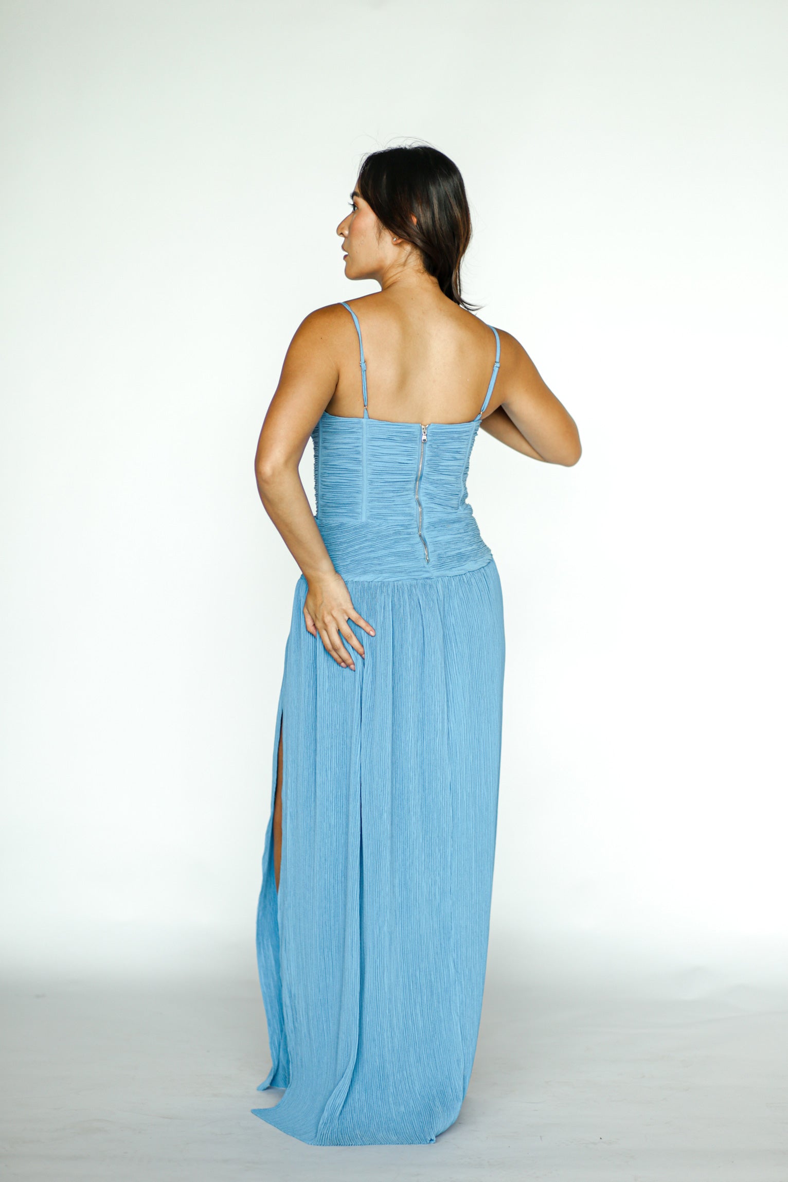 Double Time Pleat Dress in Cerulean Blue