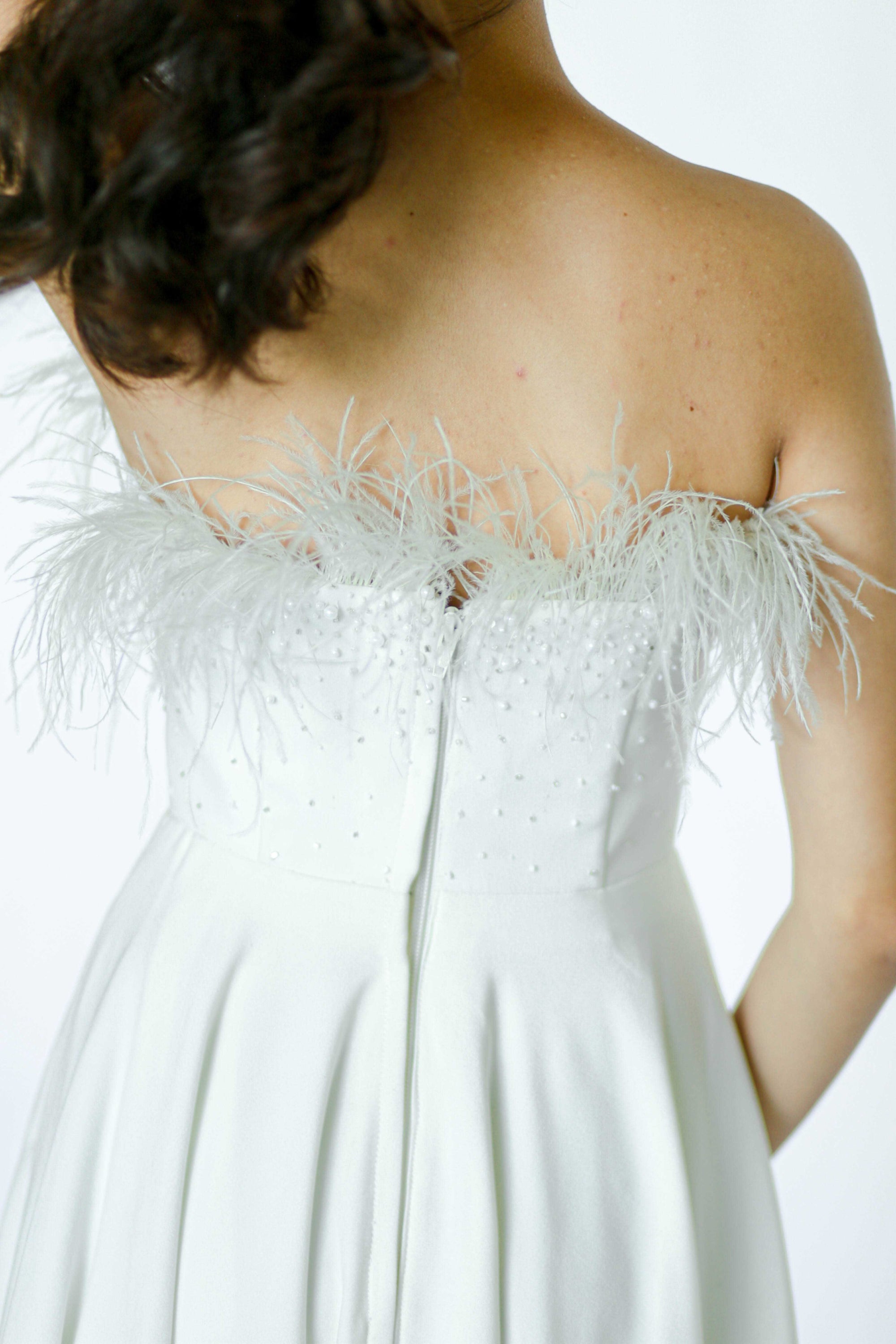 Tube White Midi Dress with Ostritch Feathers and Beads