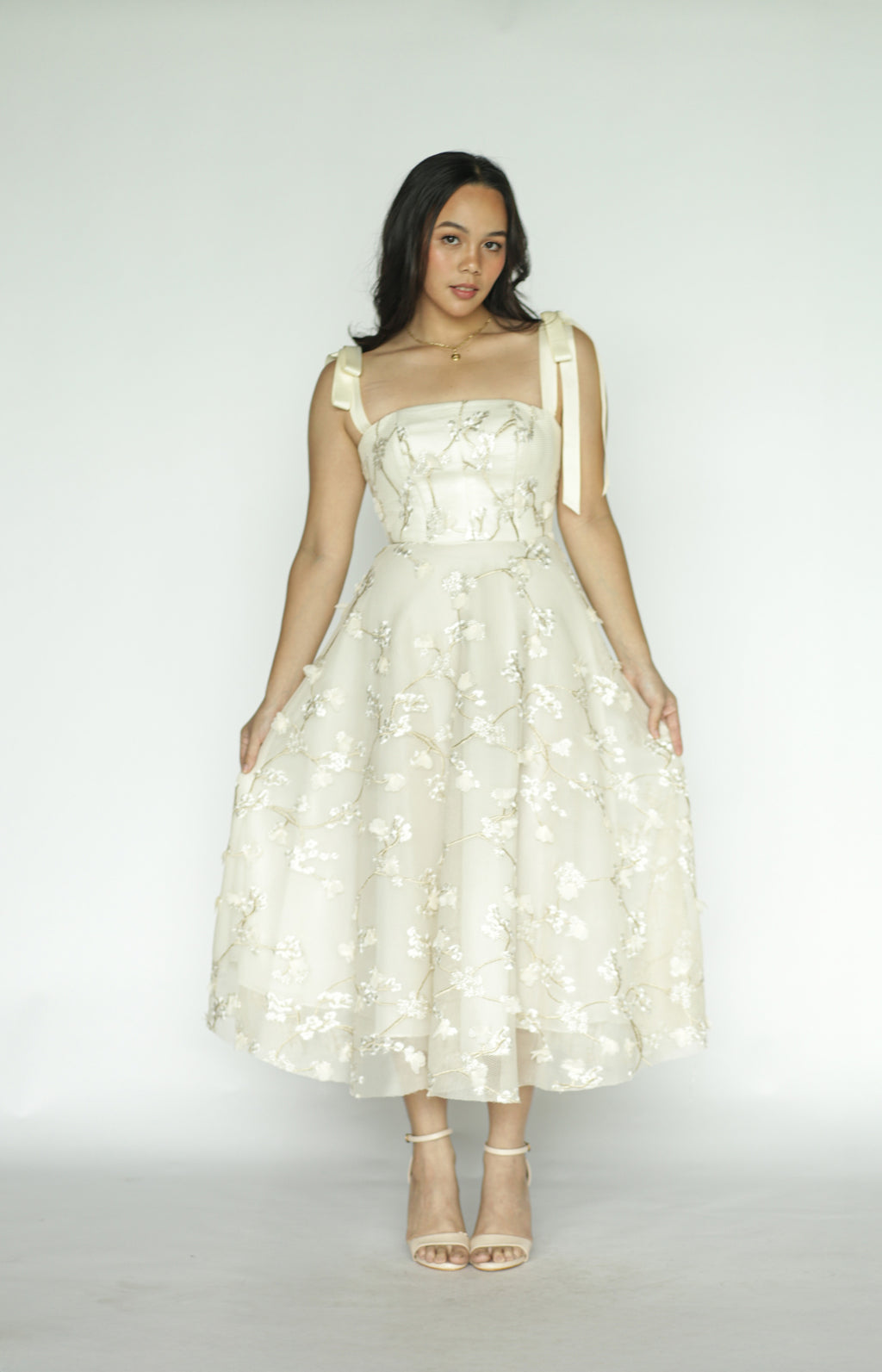 Cream Floral Appliqué Midi Dress