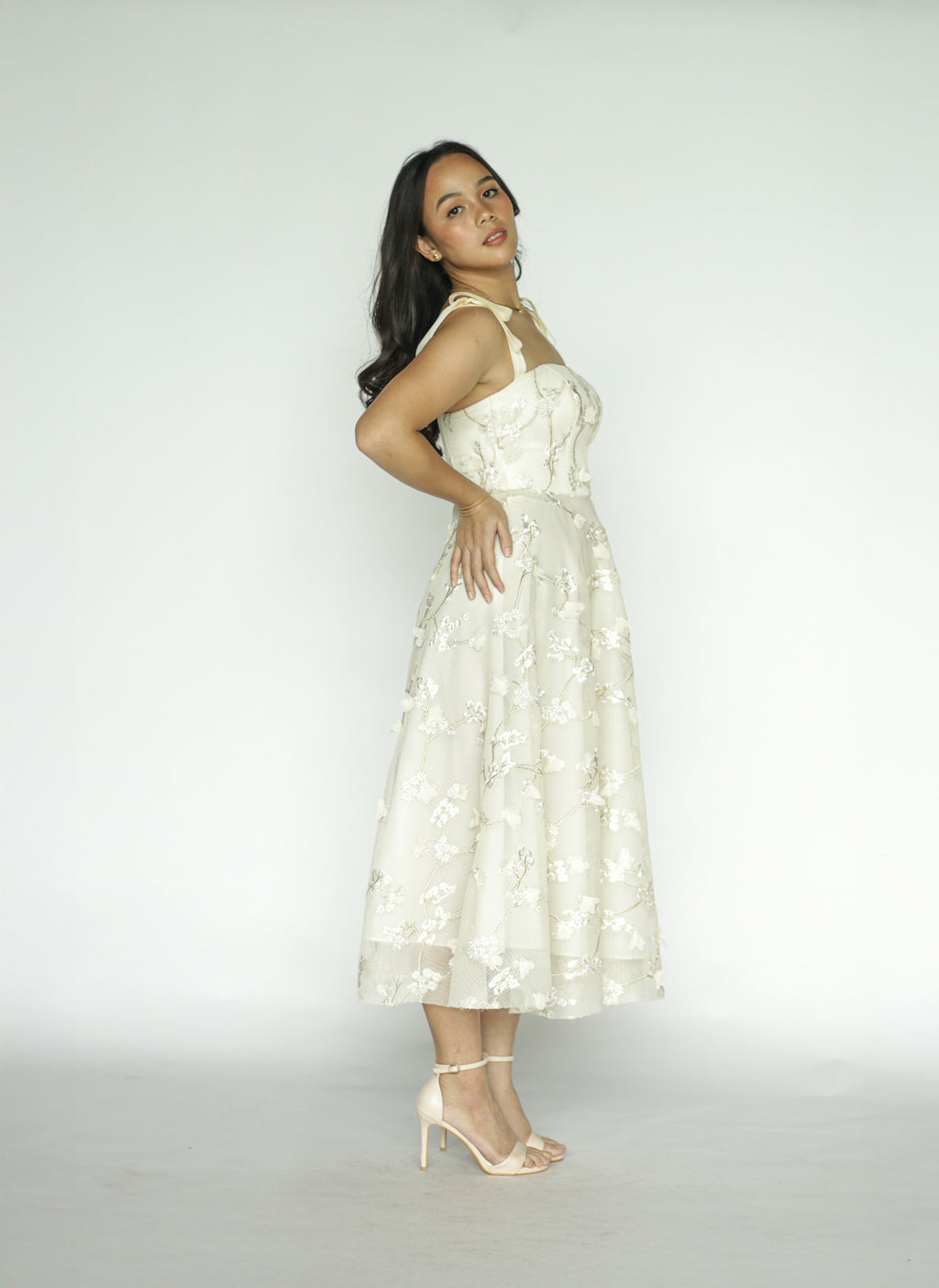 Cream Floral Appliqué Midi Dress