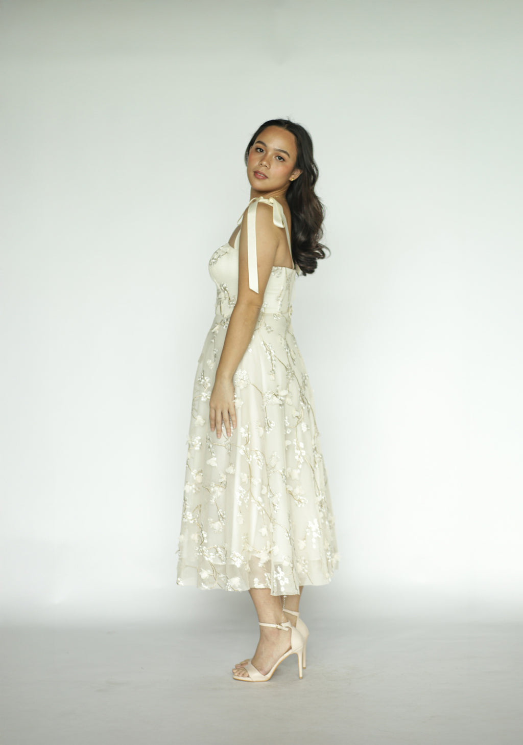 Cream Floral Appliqué Midi Dress
