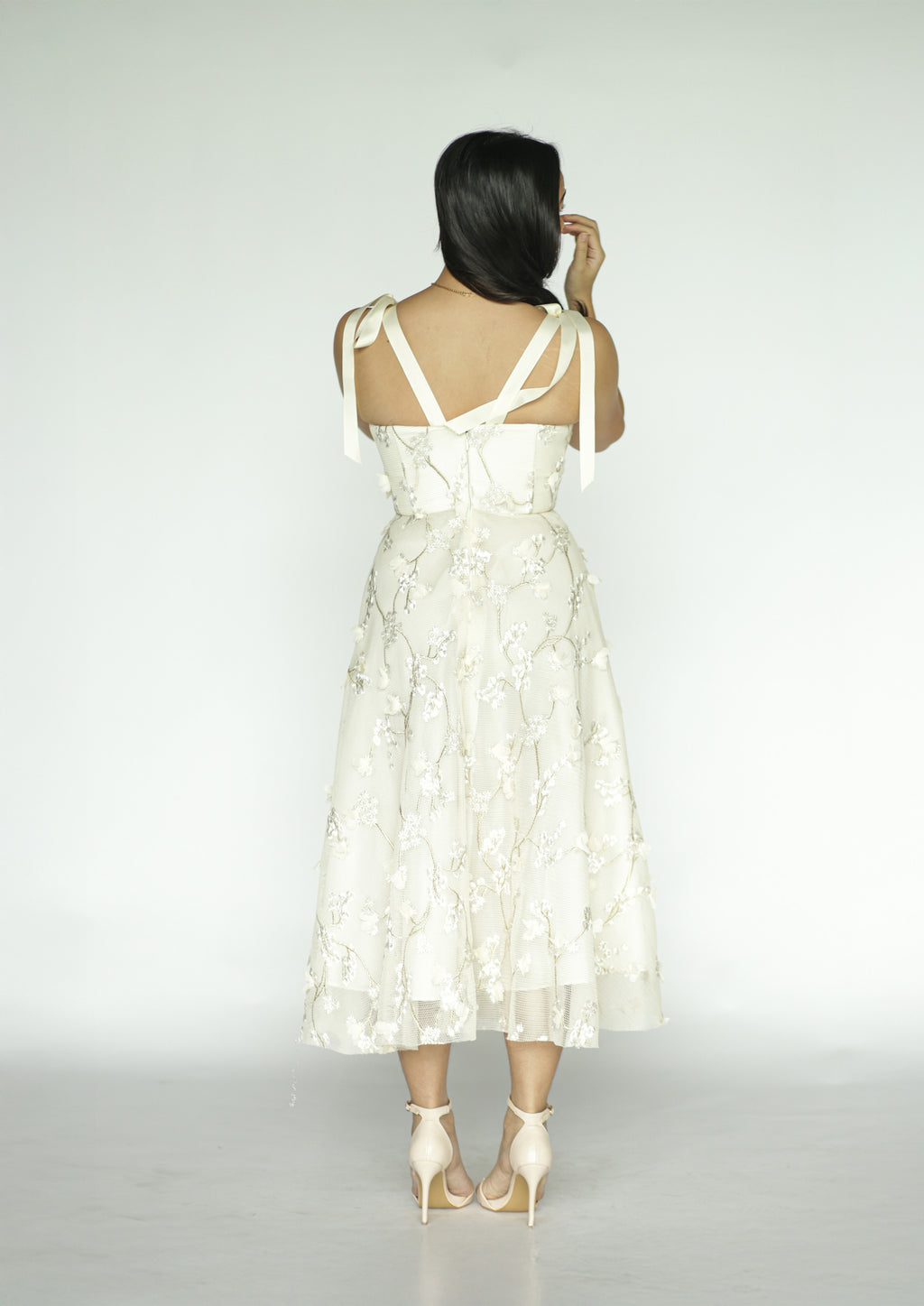 Cream Floral Appliqué Midi Dress