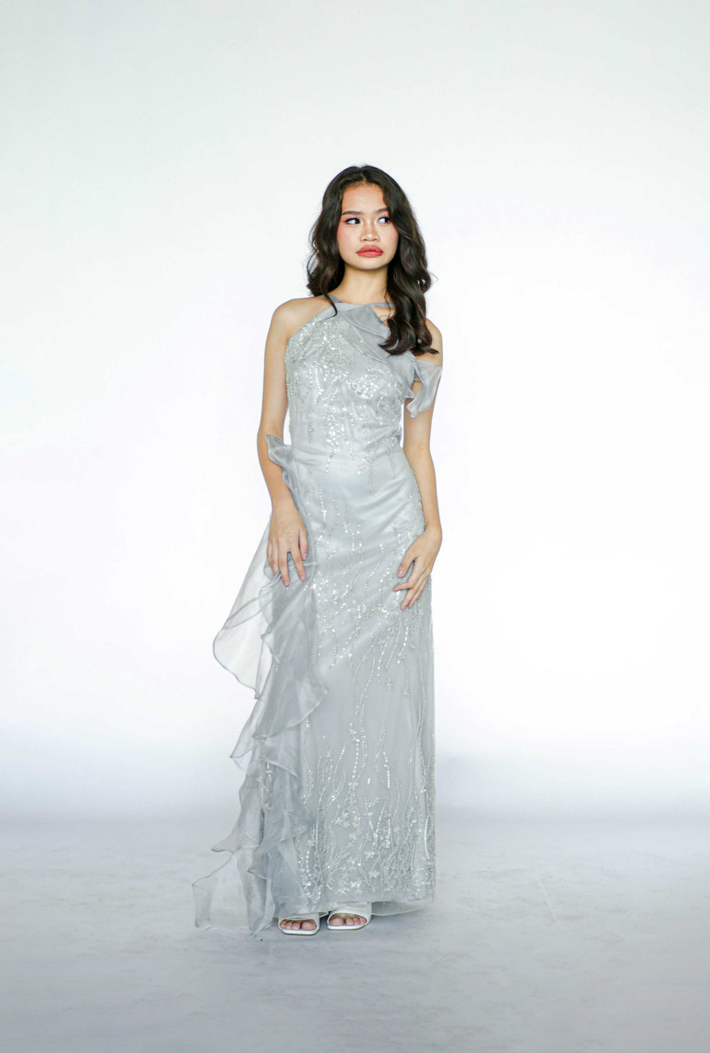 Baby Blue Halter Beaded Maxi Gown
