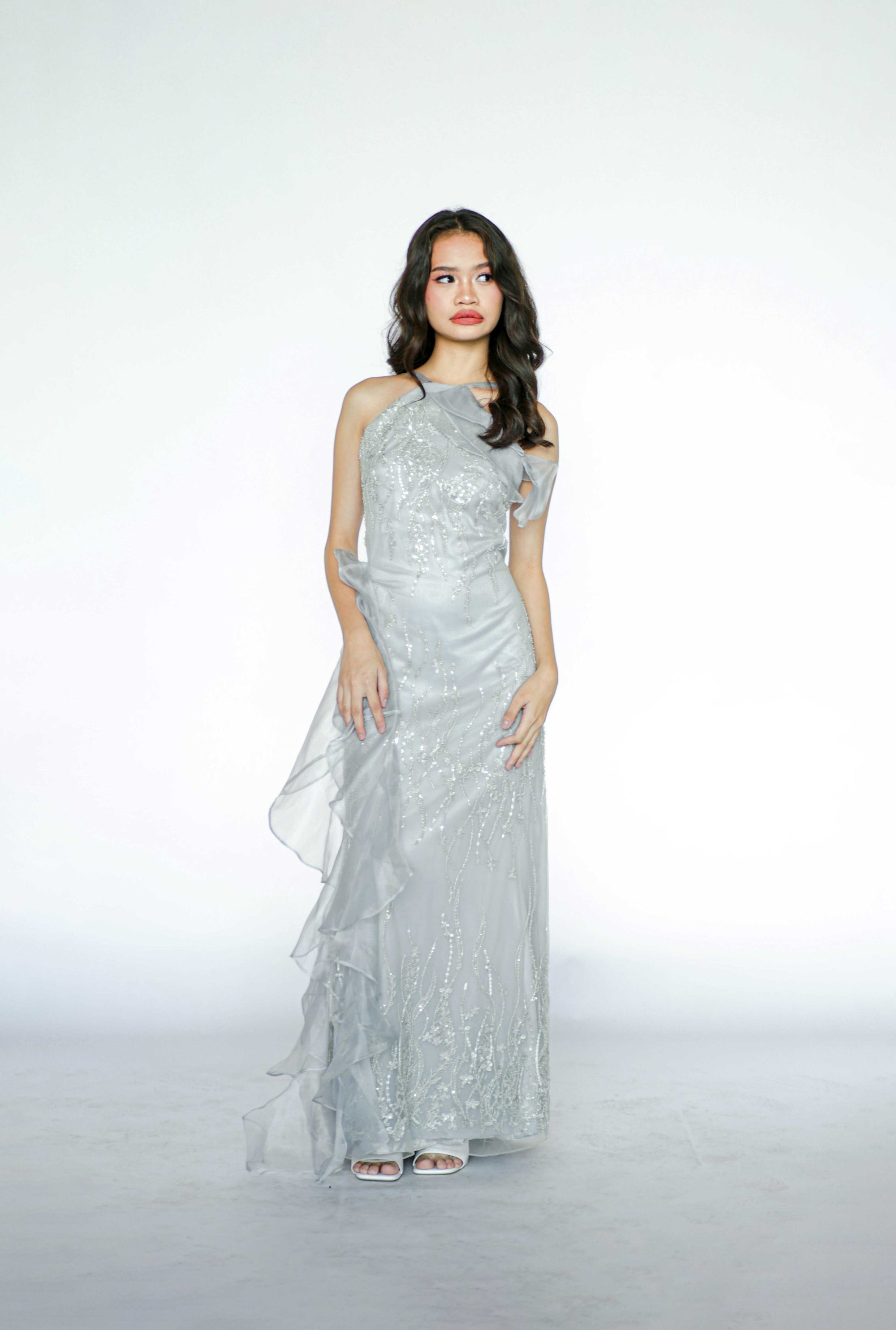 Baby Blue Halter Beaded Maxi Gown
