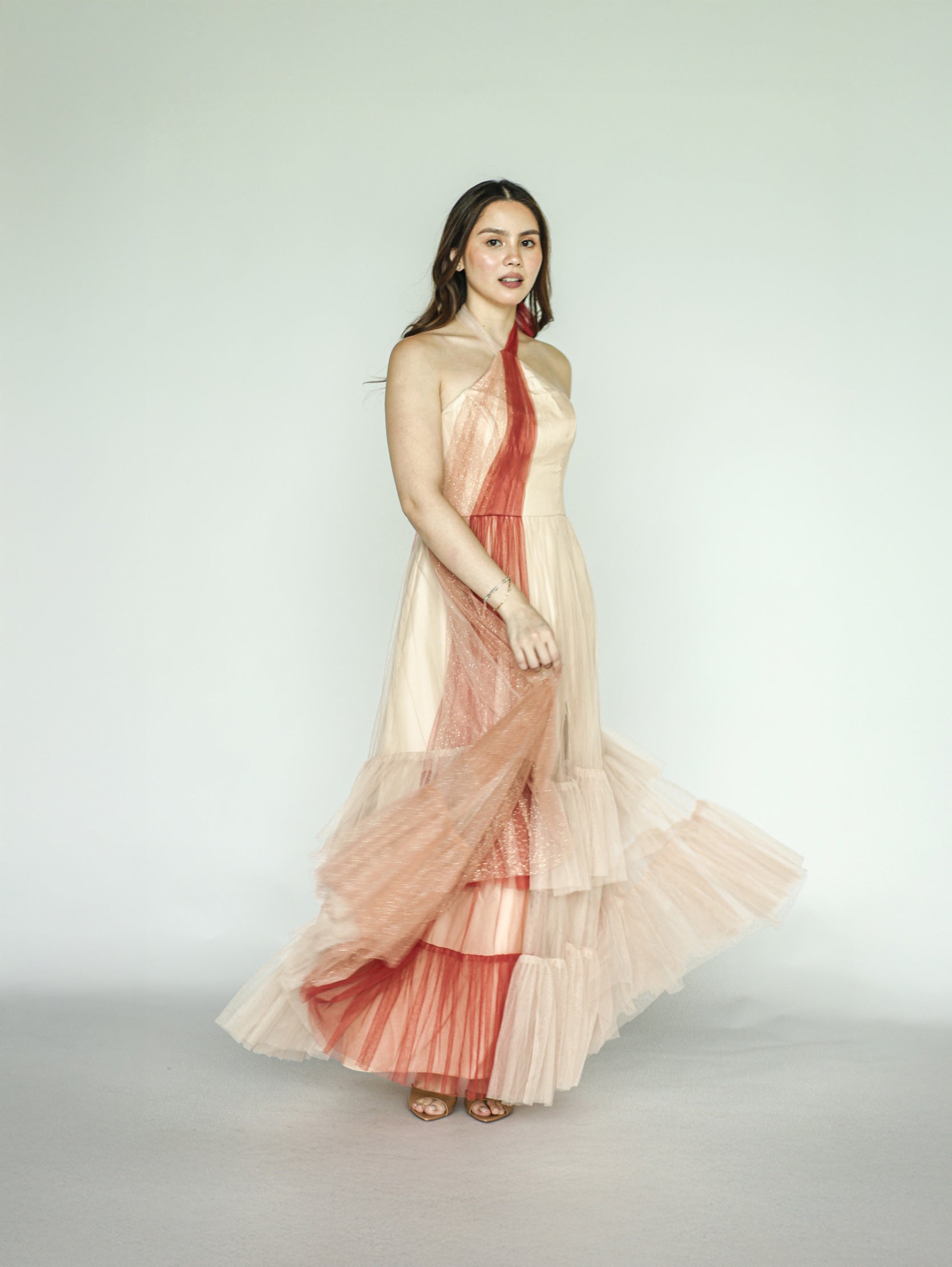 Orange and Beige Tulle Tier Gown