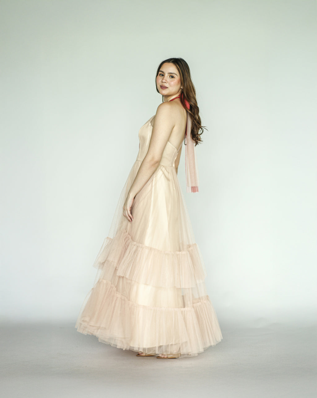 Orange and Beige Tulle Tier Gown