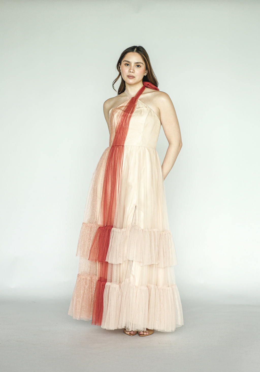 Orange and Beige Tulle Tier Gown