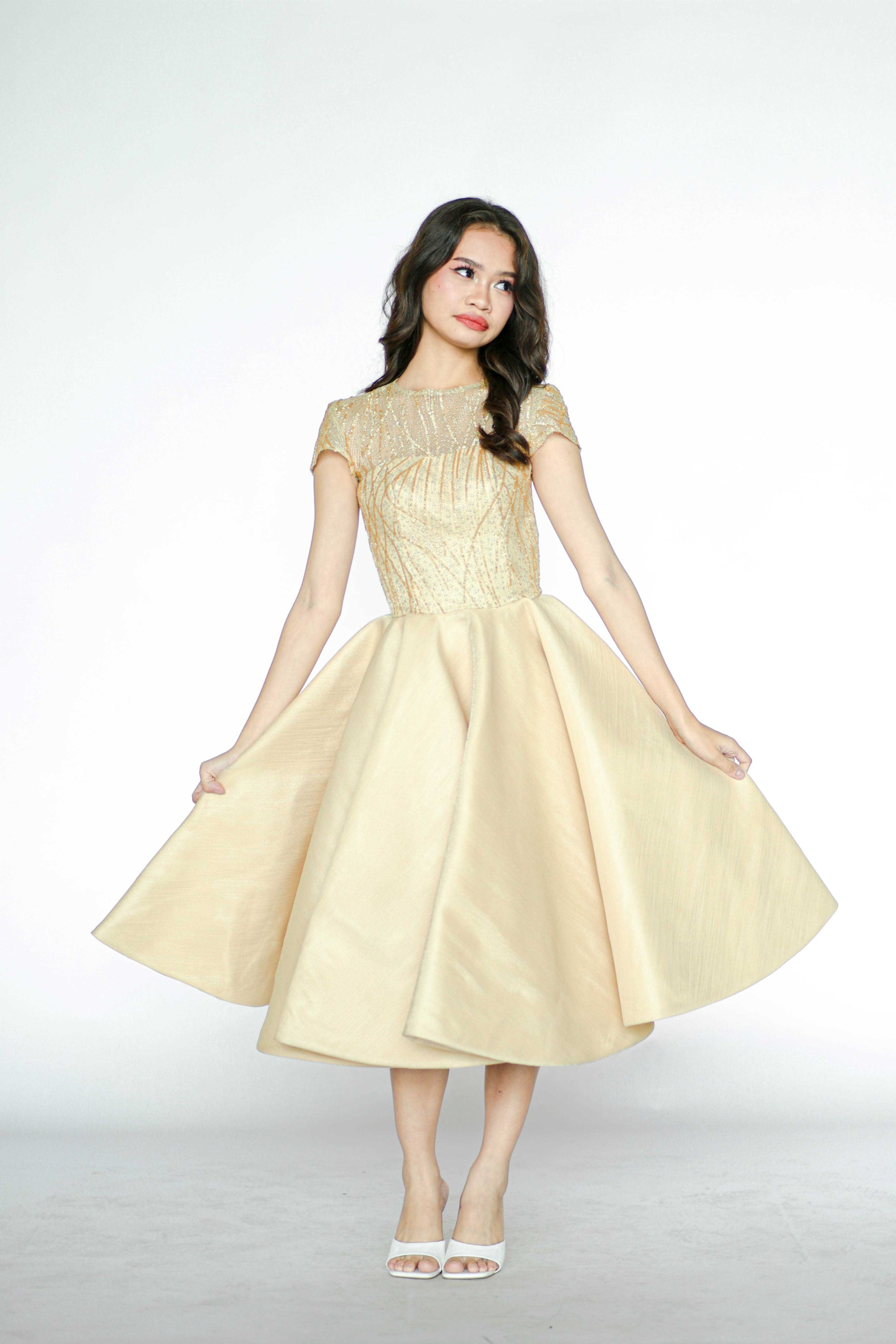 Beaded Beige Midi Dress with Sleeves