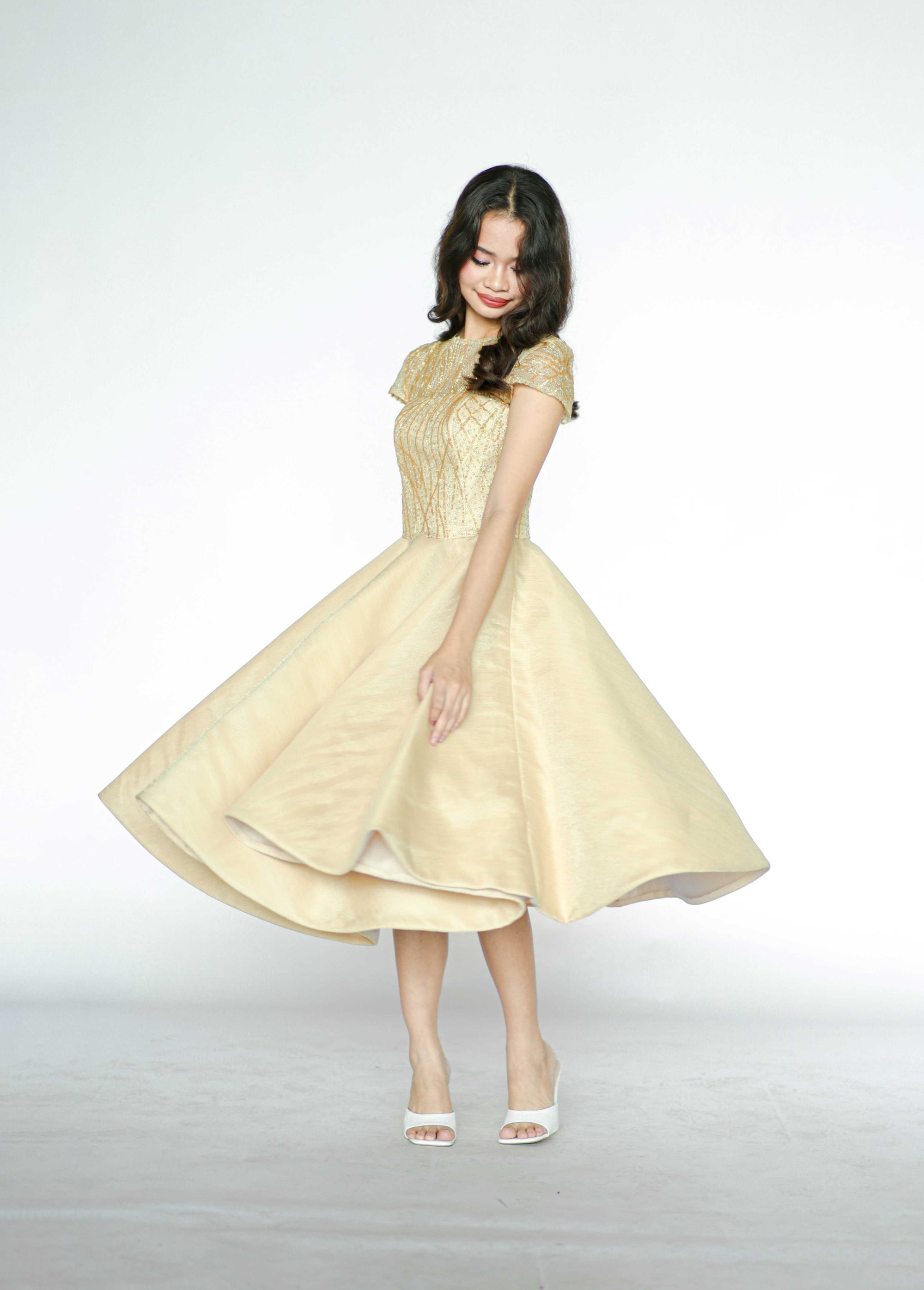 Beaded Beige Midi Dress with Sleeves