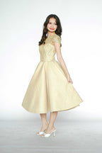 Beaded Beige Midi Dress with Sleeves