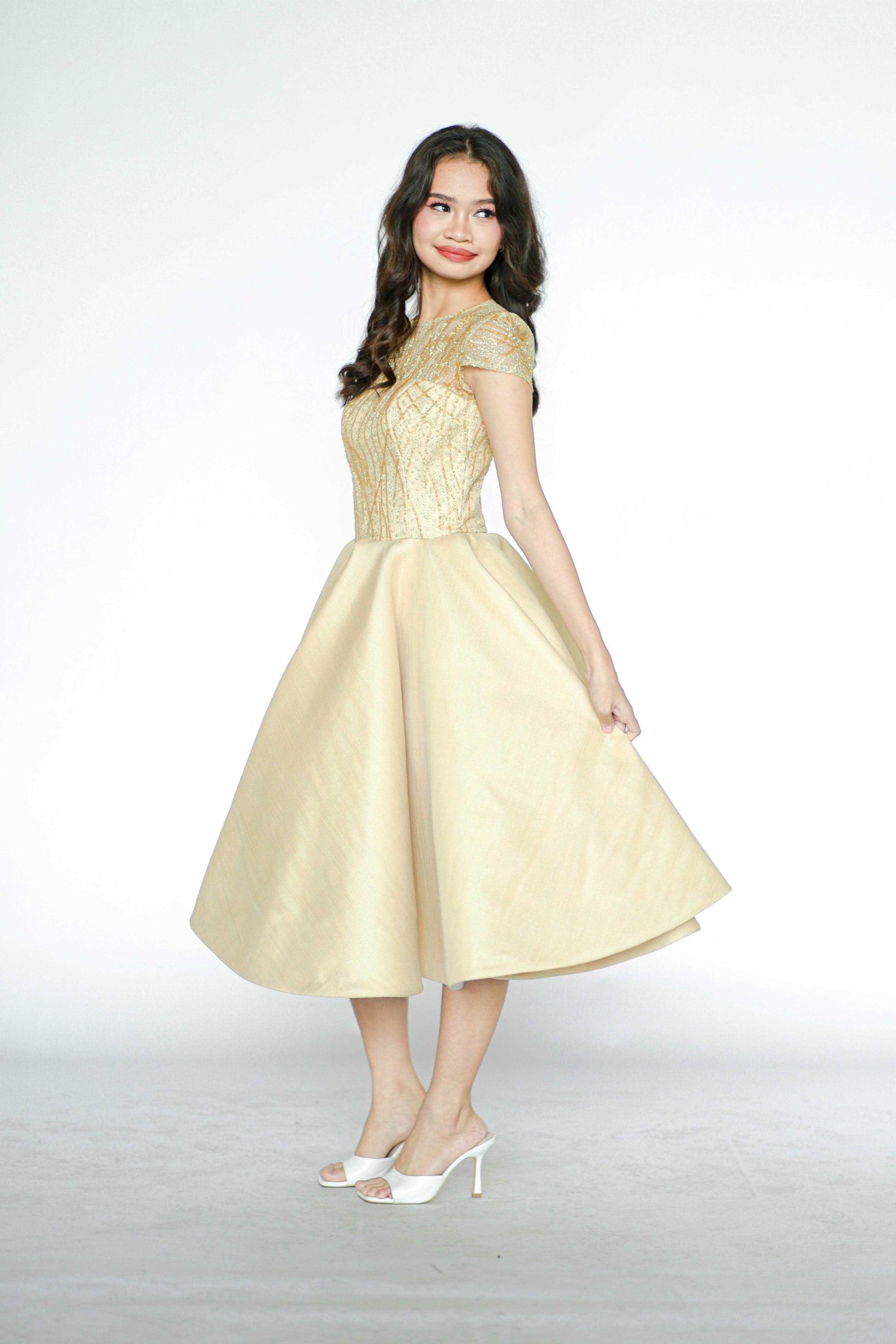 Beaded Beige Midi Dress with Sleeves