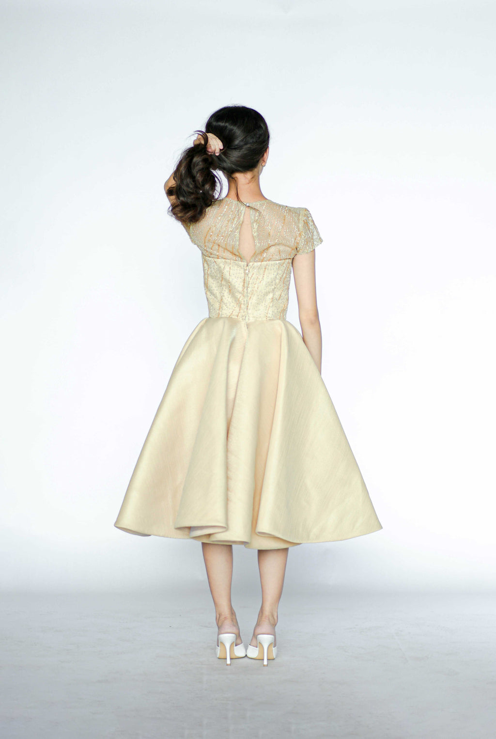 Beaded Beige Midi Dress with Sleeves