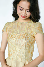 Beaded Beige Midi Dress with Sleeves