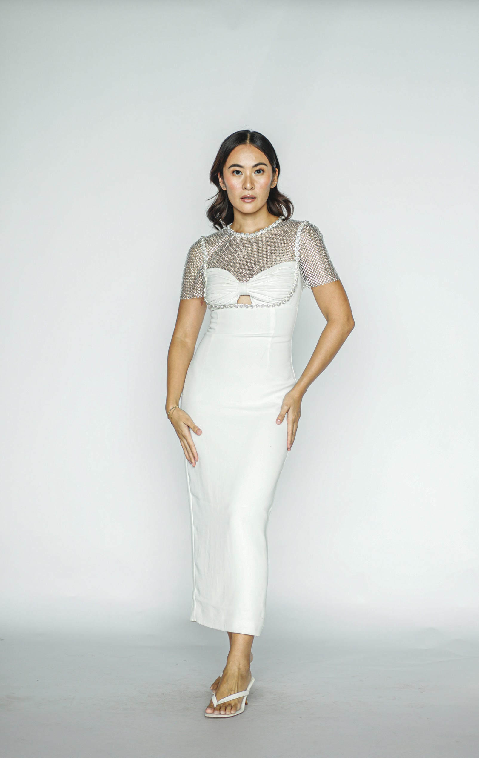 White Diamanté Crepe Midi Dress