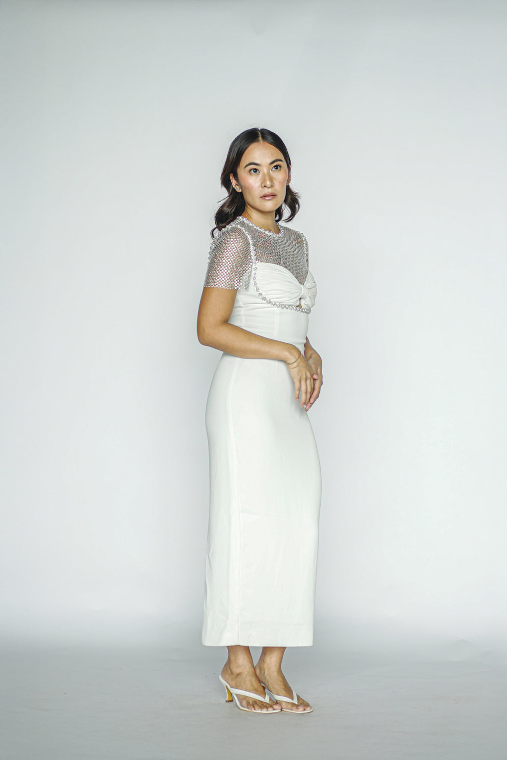 White Diamanté Crepe Midi Dress