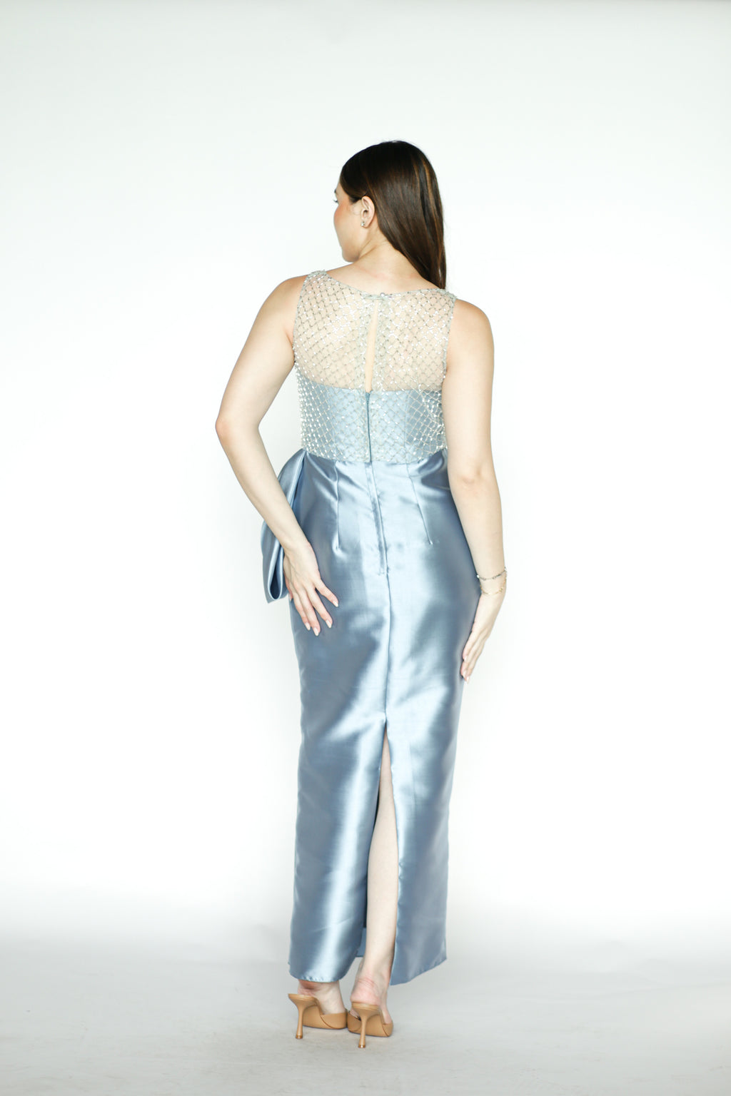 Embellished Satin Blue Maxi Dress