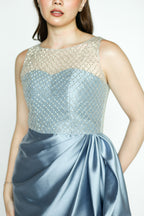 Embellished Satin Blue Maxi Dress