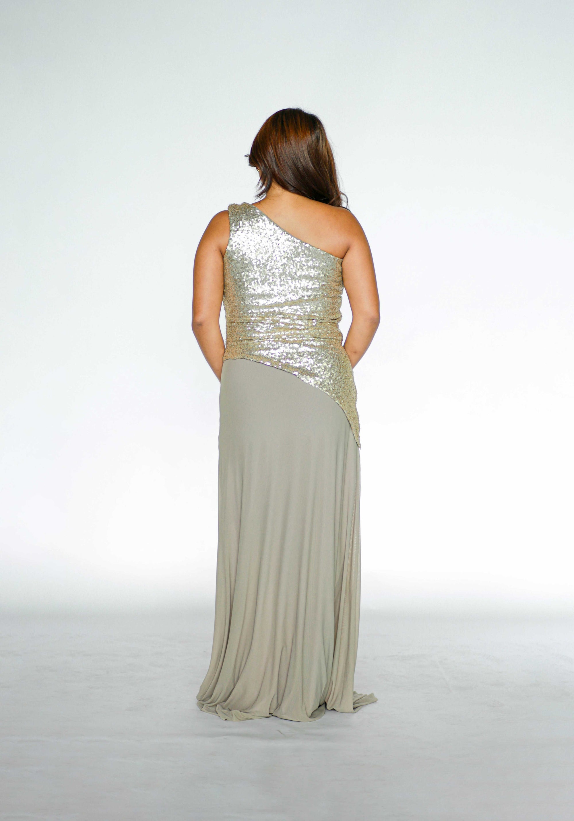 One Sided Beige Sequins Maxi Dress