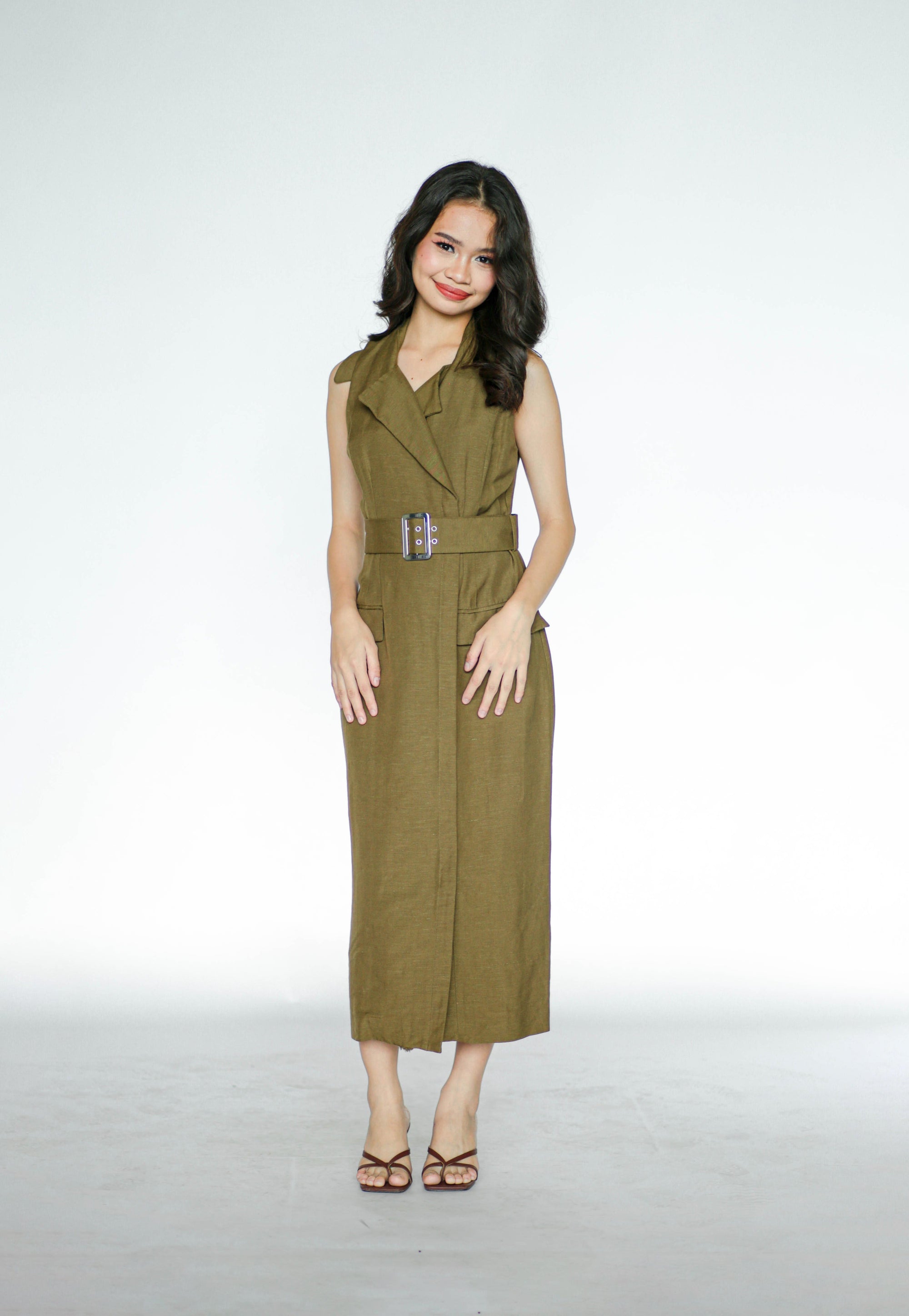 Army Green Collared Linen Dress
