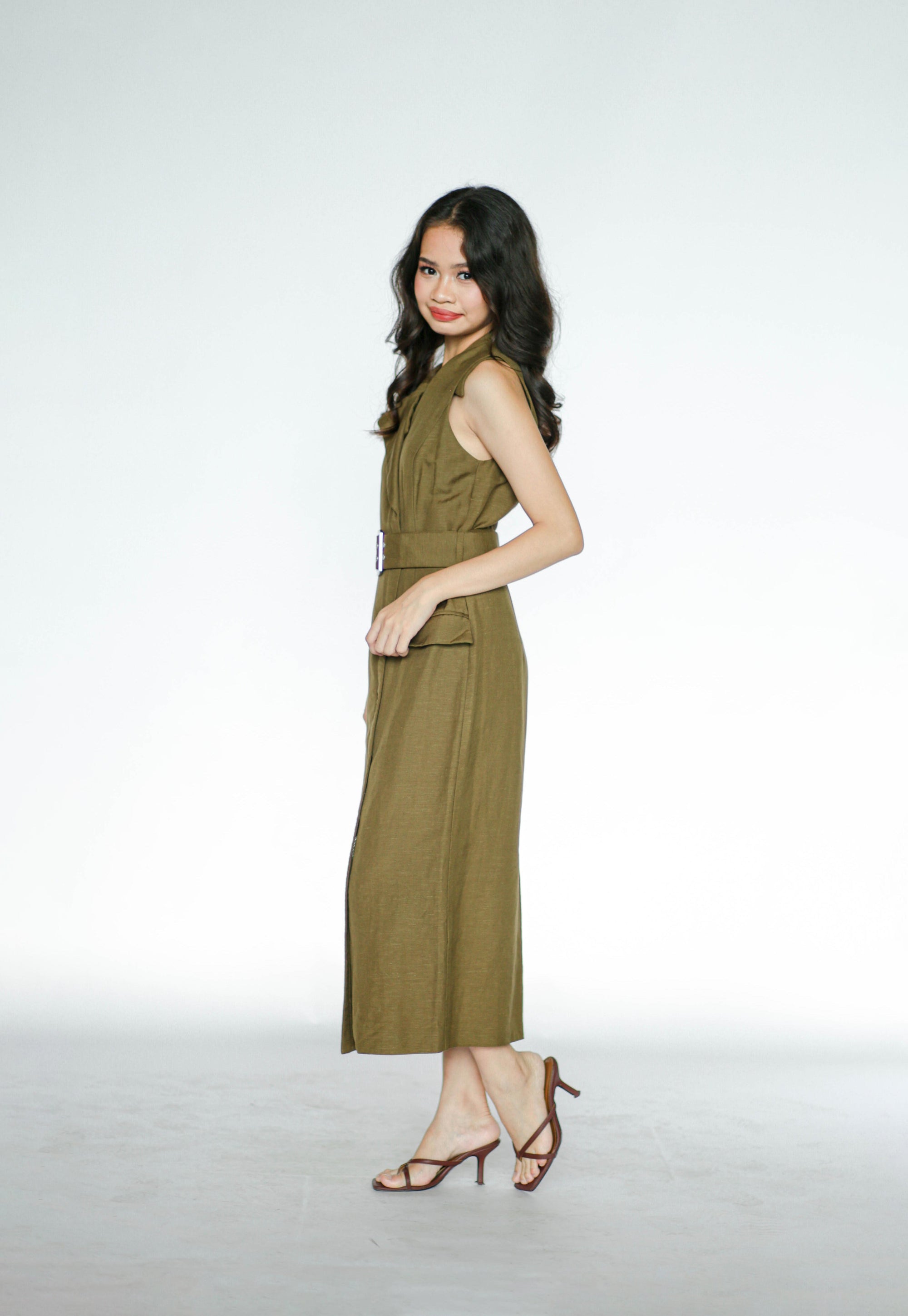 Army Green Collared Linen Dress