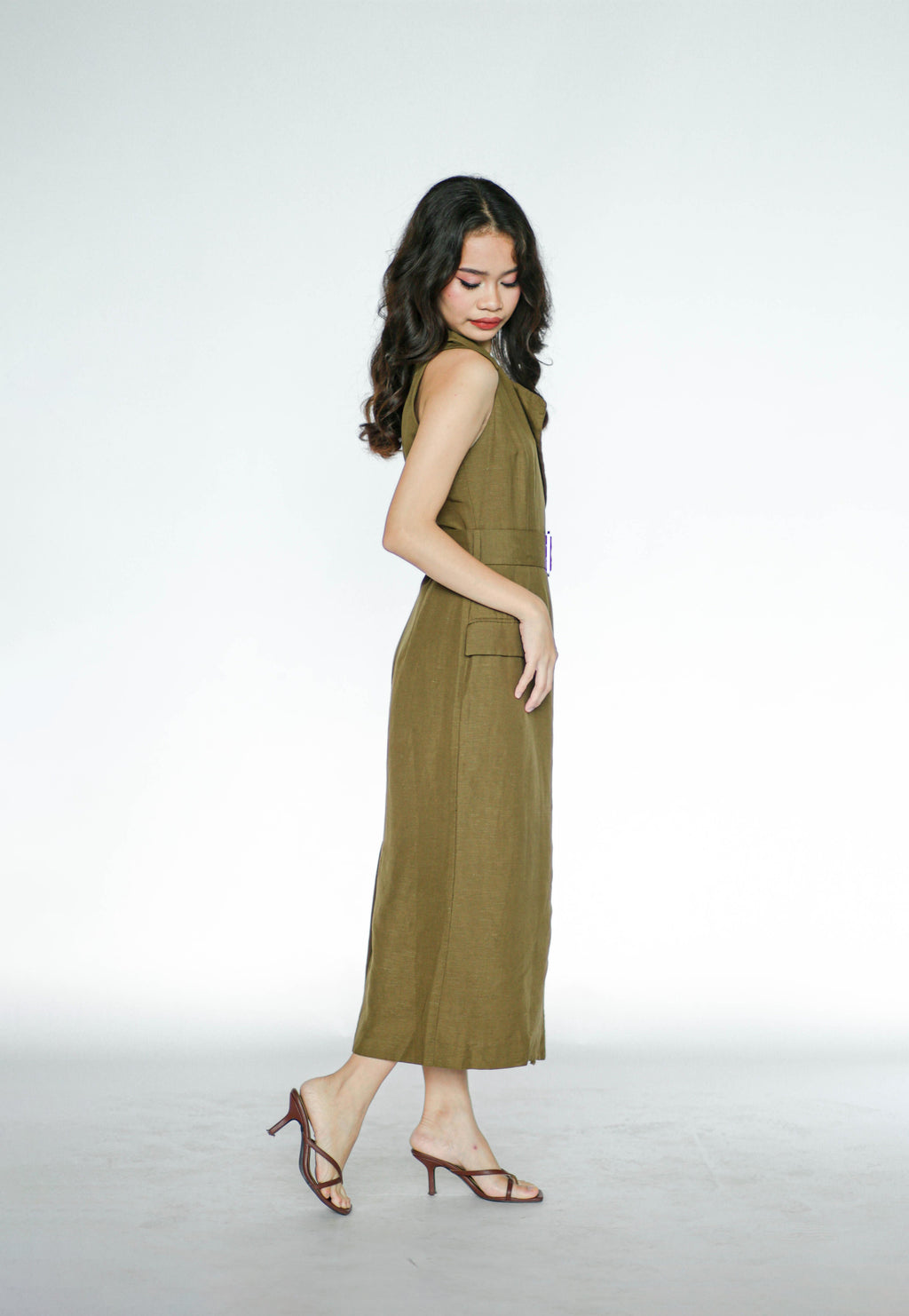 Army Green Collared Linen Dress