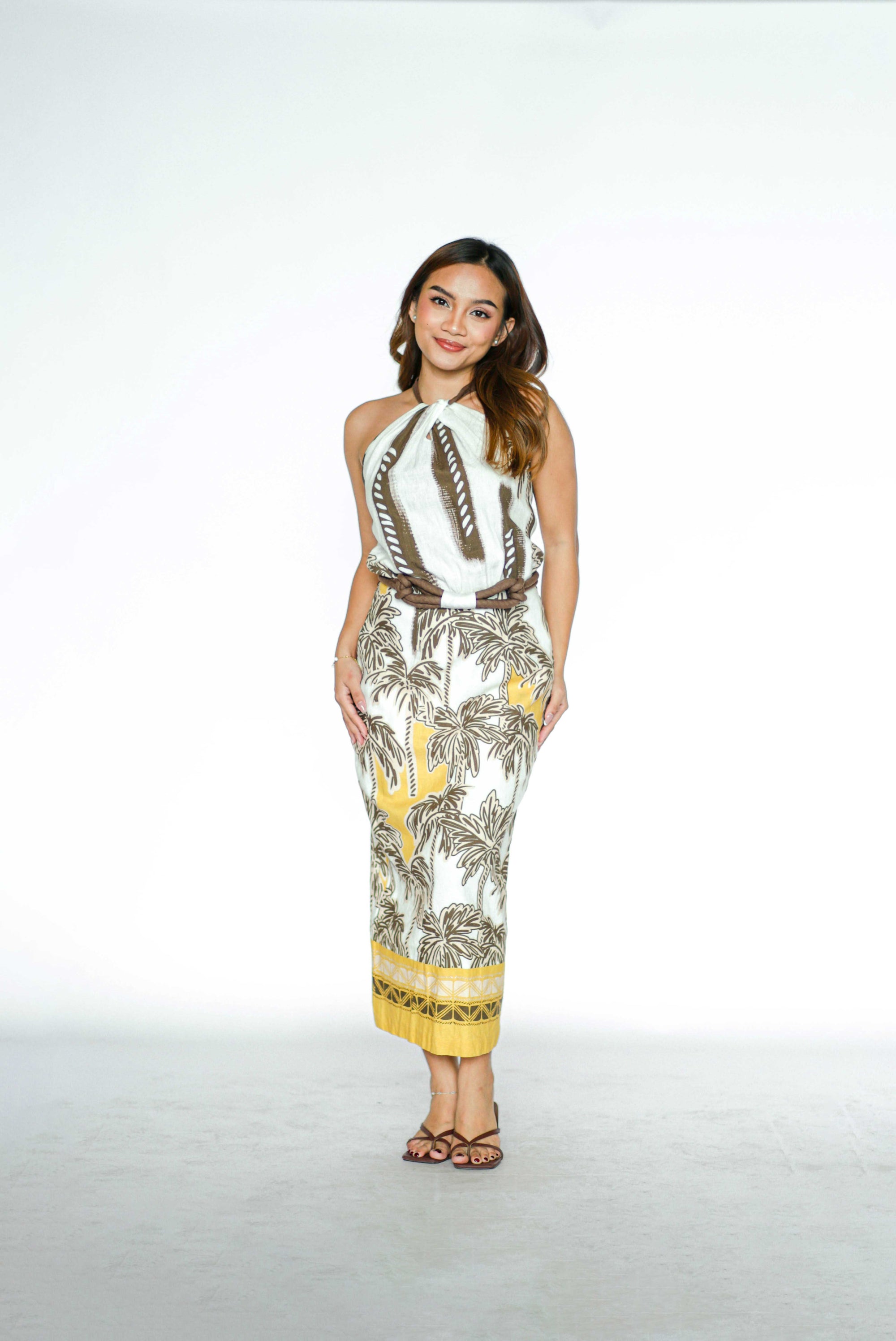 Halter Yellow and Brown Tropical Maxi Dress