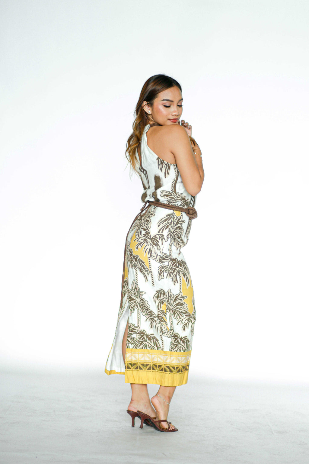 Halter Yellow and Brown Tropical Maxi Dress