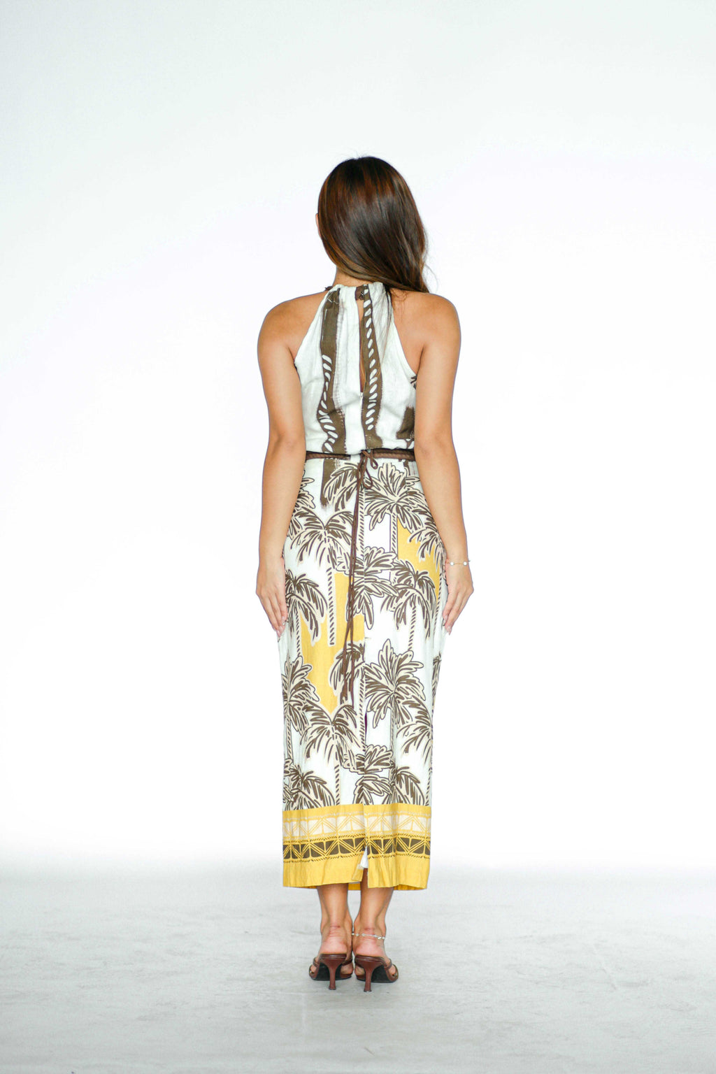 Halter Yellow and Brown Tropical Maxi Dress