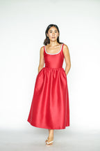 Red Taffeta Diamanté Midi Dress