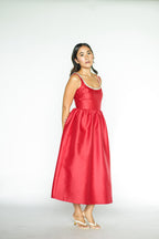 Red Taffeta Diamanté Midi Dress