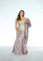 One Sided Bow Taupe Maxi Dress with Golden Floral Detail