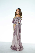 One Sided Bow Taupe Maxi Dress with Golden Floral Detail