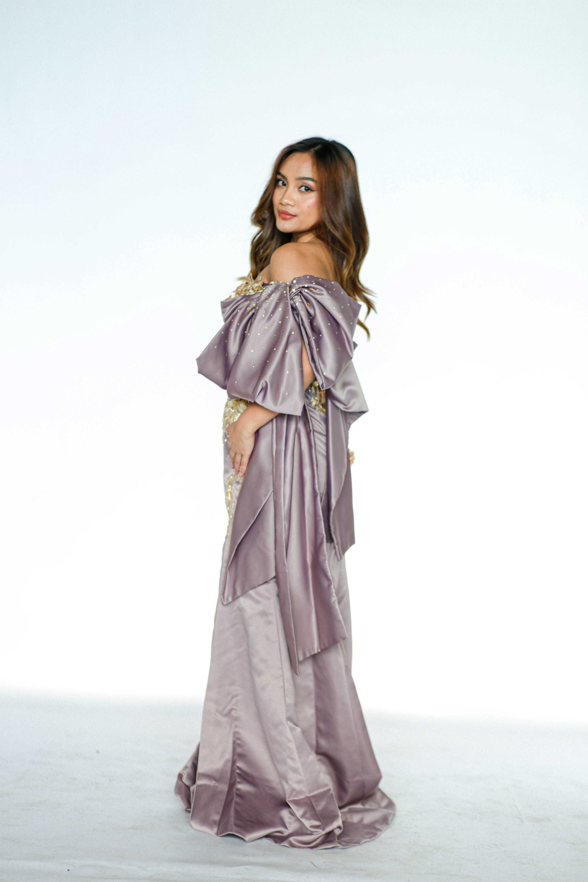 One Sided Bow Taupe Maxi Dress with Golden Floral Detail