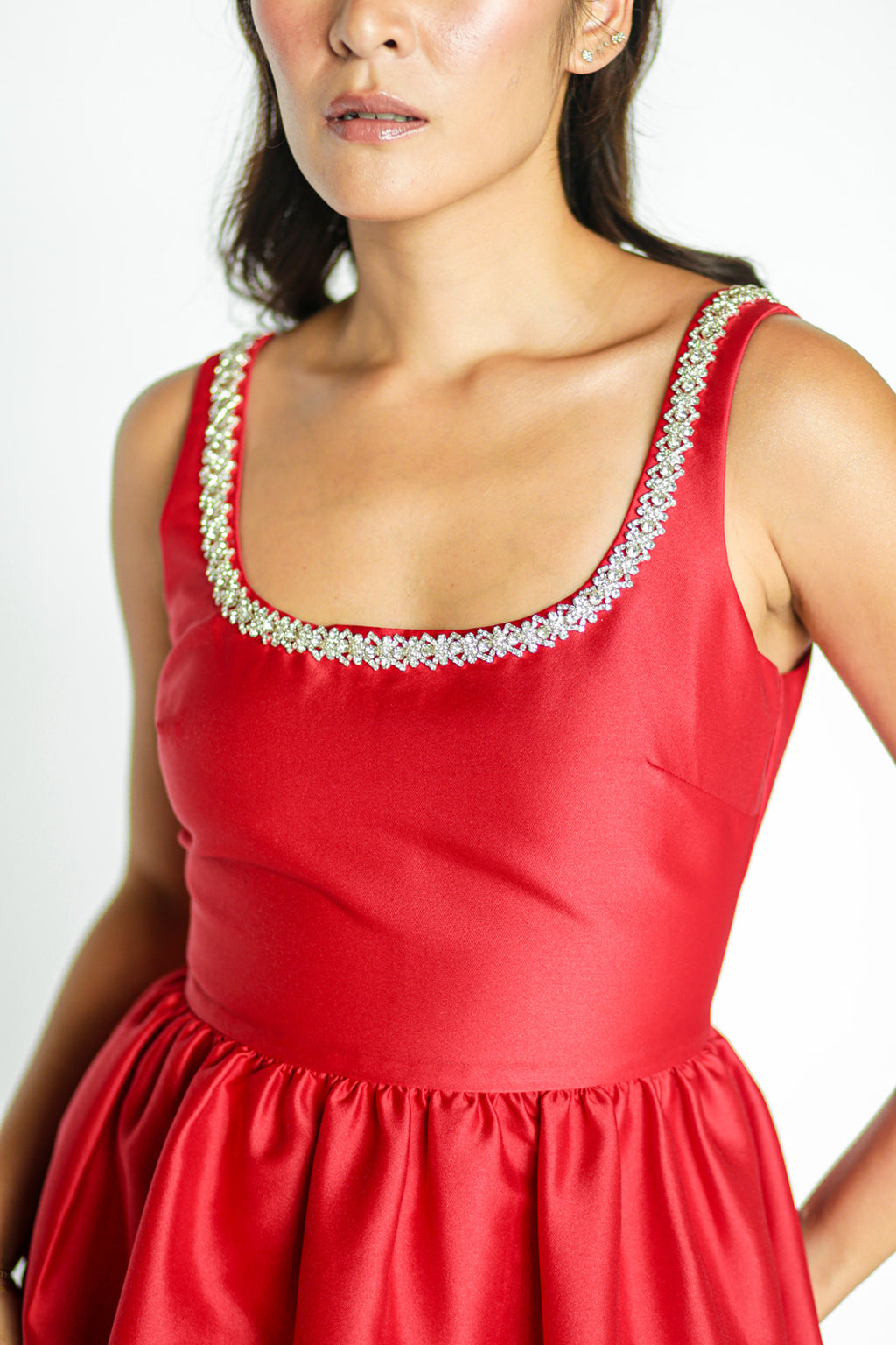 Red Taffeta Diamanté Midi Dress