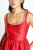 Red Taffeta Diamanté Midi Dress