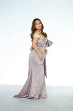 One Sided Bow Taupe Maxi Dress with Golden Floral Detail