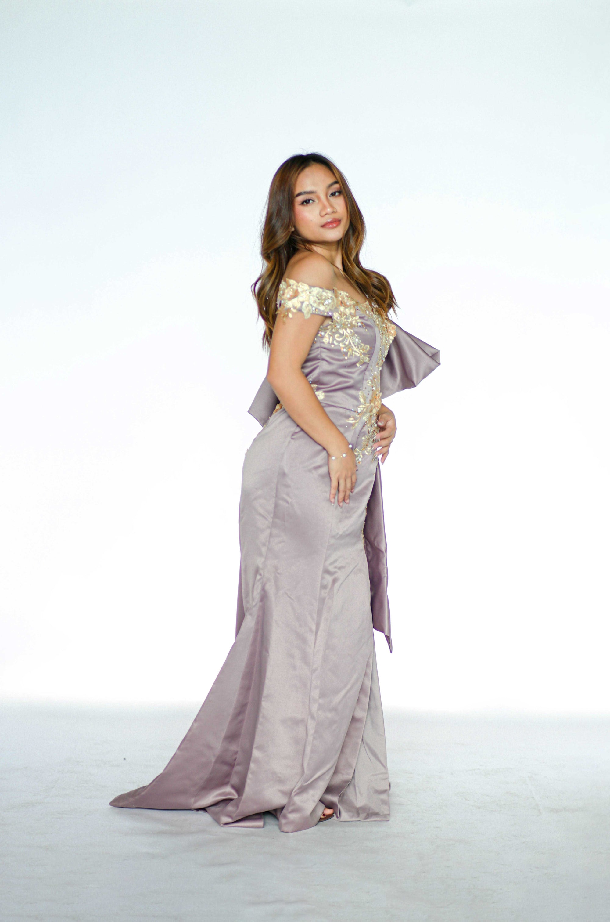 One Sided Bow Taupe Maxi Dress with Golden Floral Detail
