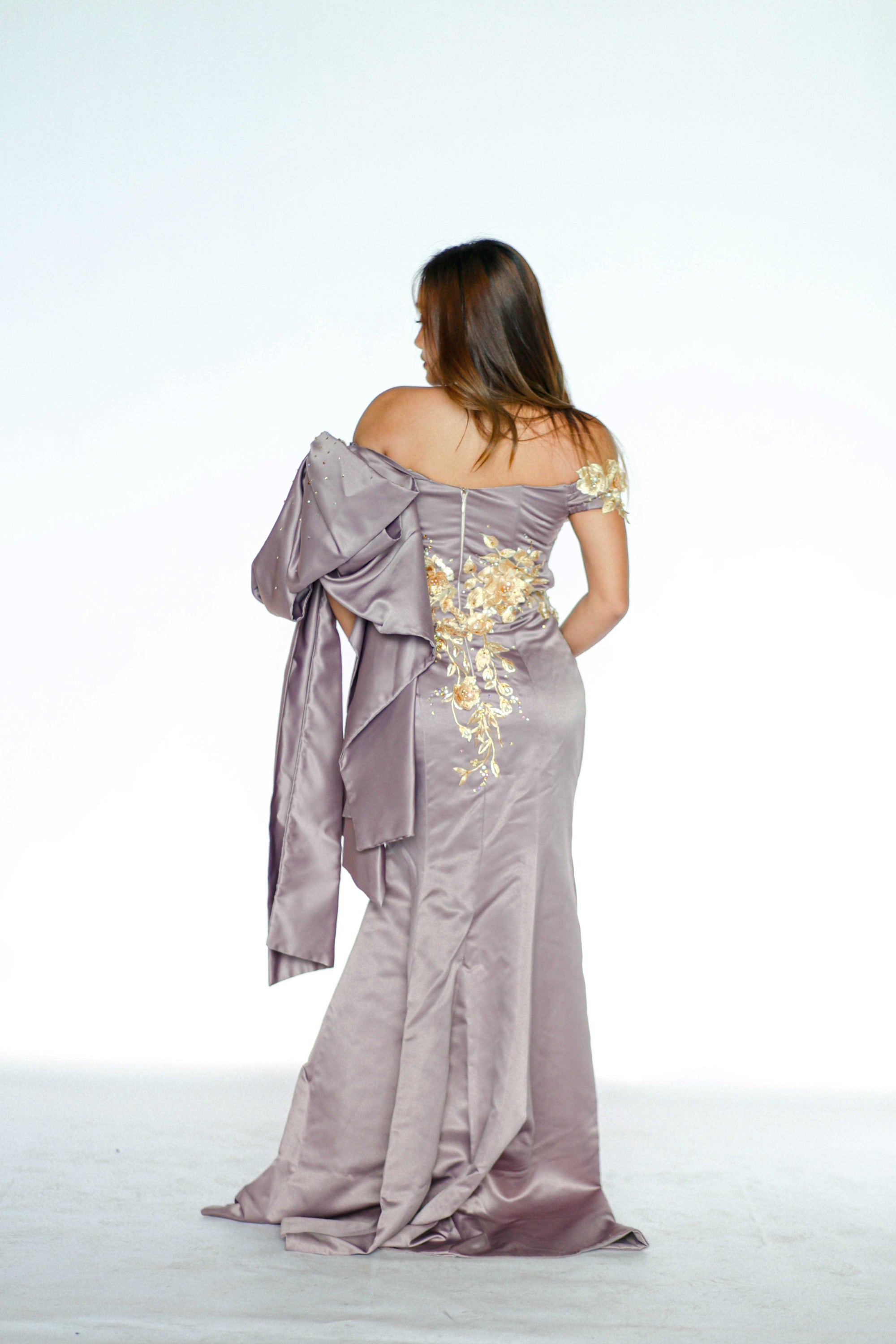 One Sided Bow Taupe Maxi Dress with Golden Floral Detail