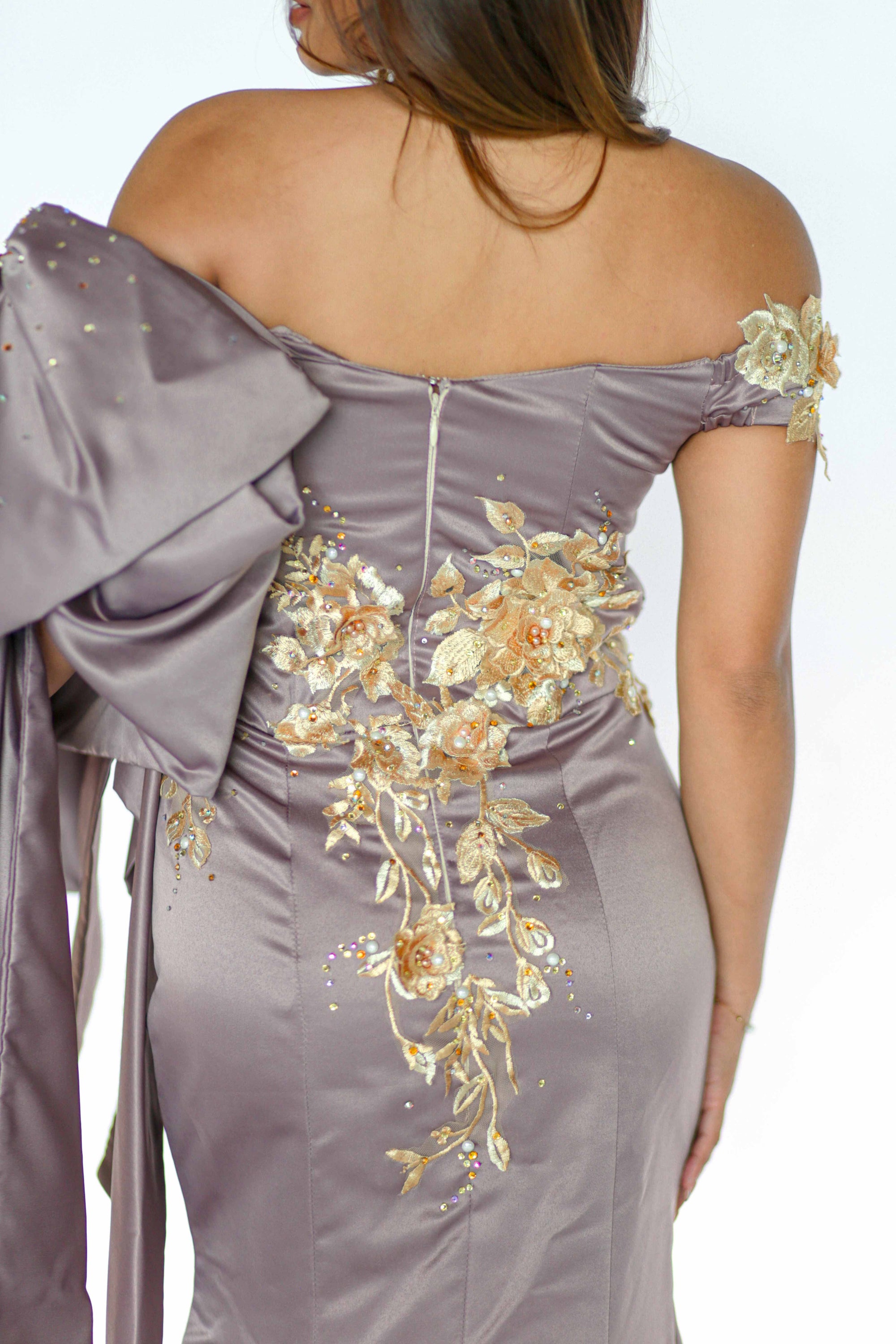 One Sided Bow Taupe Maxi Dress with Golden Floral Detail