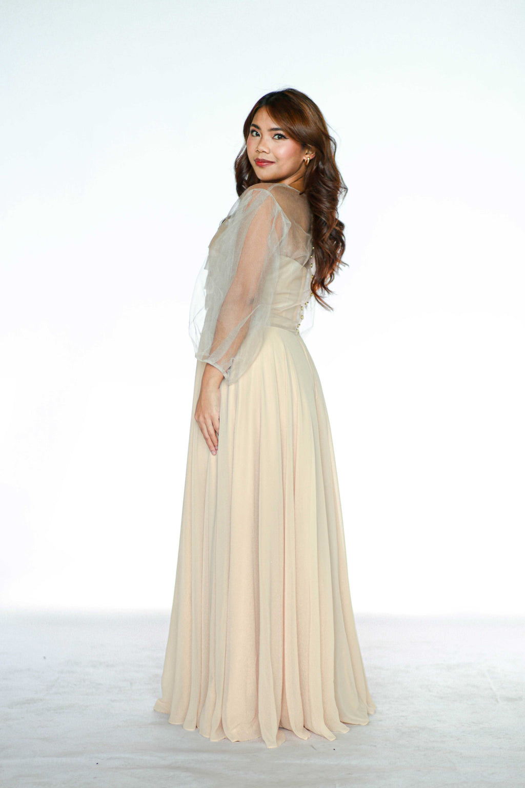 Beige Full Gown with Sheer Top Cover