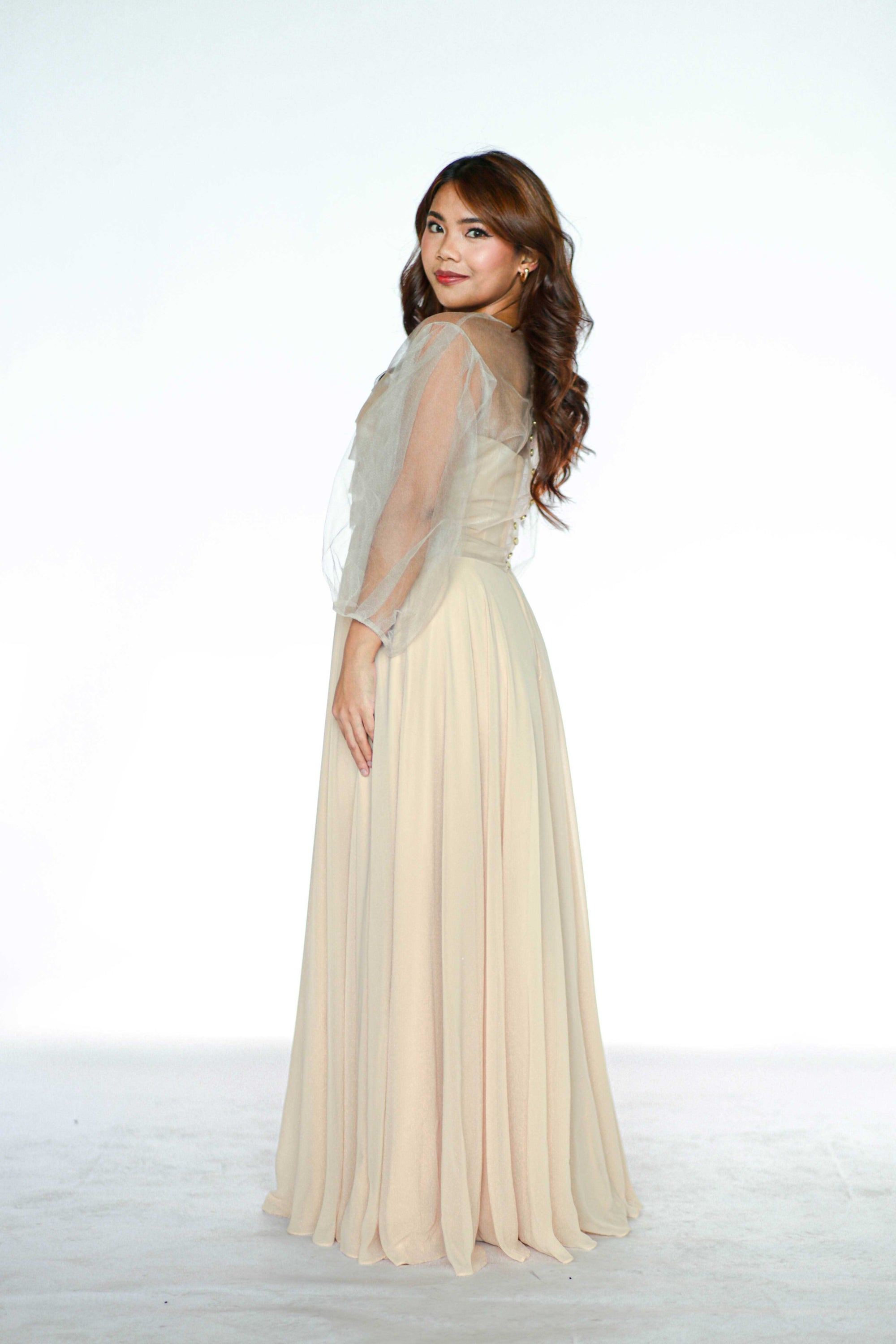 Beige Full Gown with Sheer Top Cover