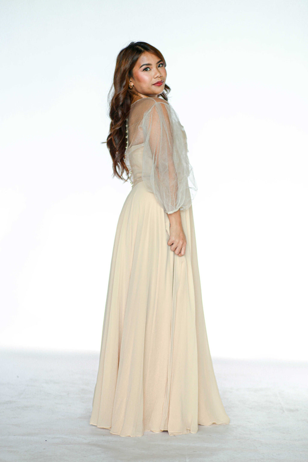 Beige Full Gown with Sheer Top Cover