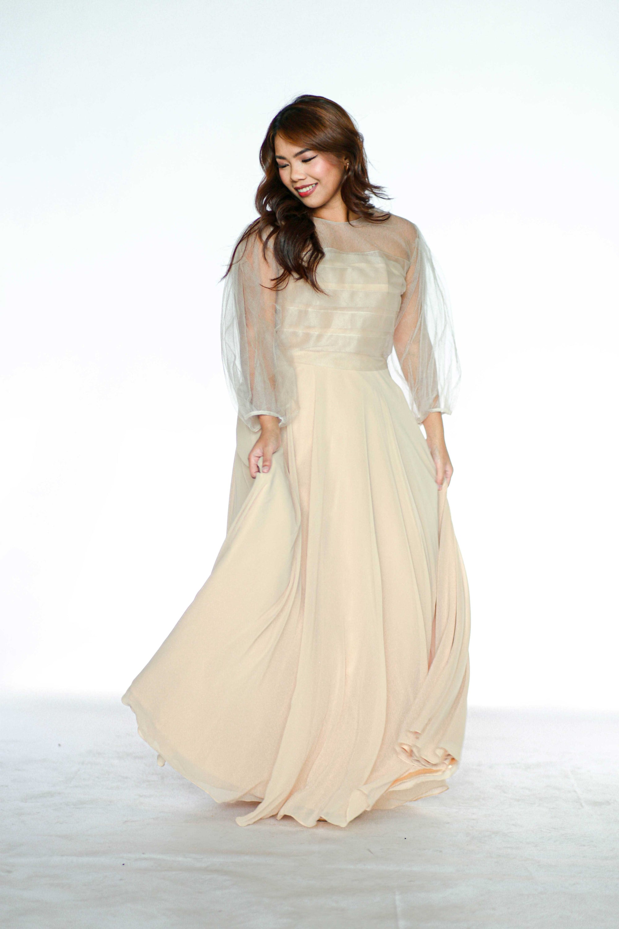 Beige Full Gown with Sheer Top Cover