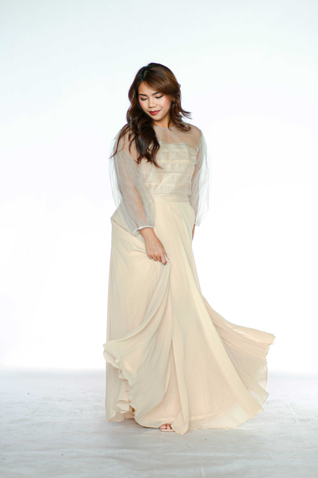 Beige Full Gown with Sheer Top Cover