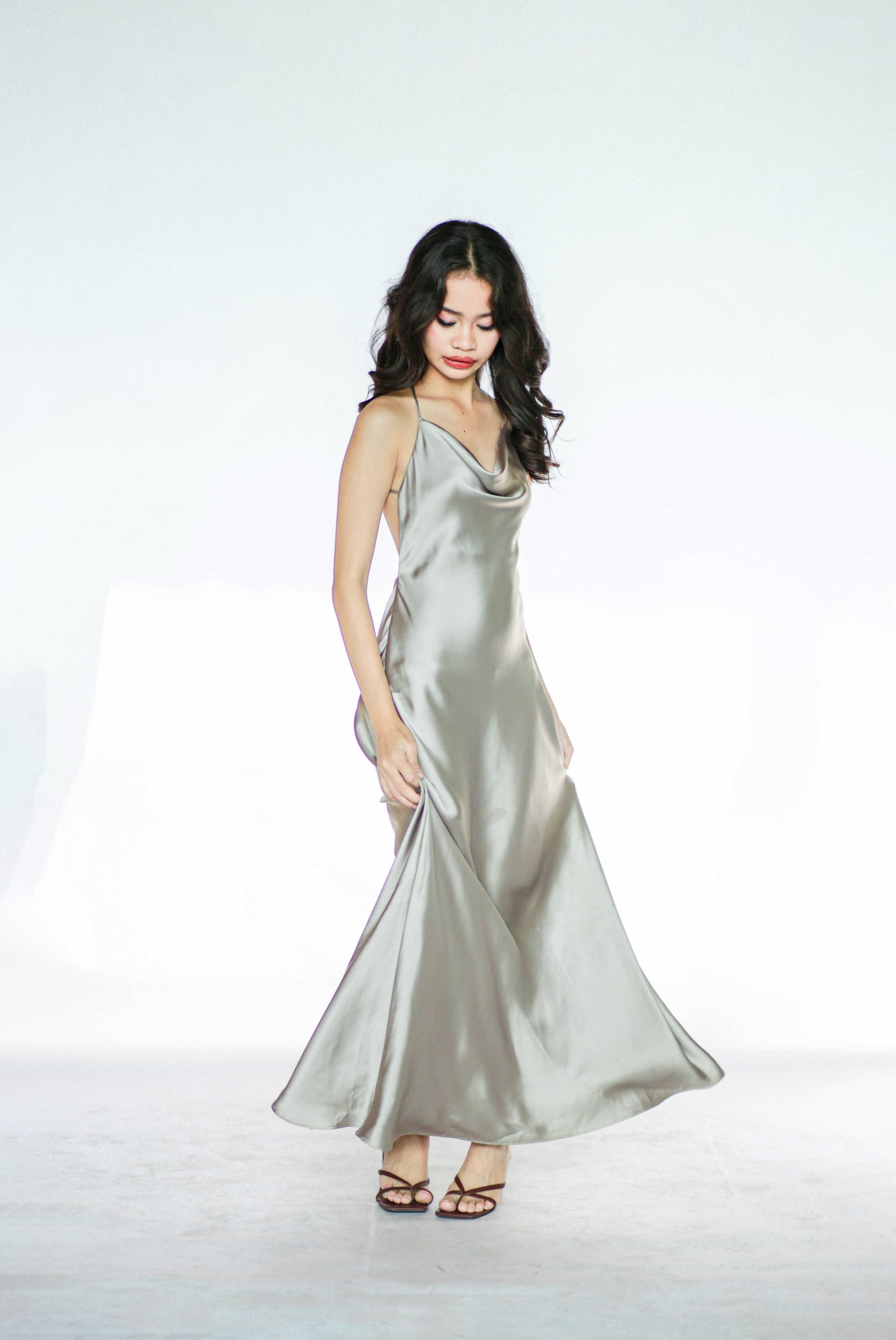 Light Silver Slip Maxi Dress Open Back